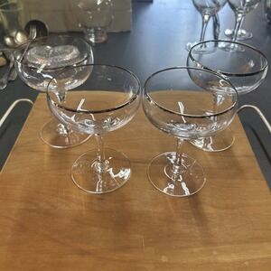 Vintg Sasaki Coronation Clear 4 Martini Cocktail Glasses Silver Rim MCM